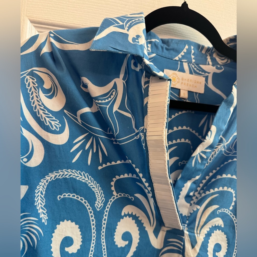 SHERIDAN FRENCH Frankie Blue Monkey Print Tunic Top Long Sleeve Size Small - Picture 3 of 5